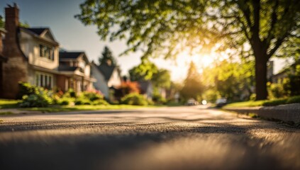 Obraz premium A tranquil suburban street bathed in the warm glow of the setting sun evokes a sense of peaceful community and quiet neighborhood charm.