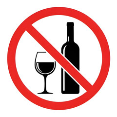 Illustration of no alcohol allowed sign with wine bottle and glass inside a red prohibition circle isolated on transparent background