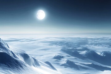 Vast tundra landscape blanketed snow and distant icy mountains no human no labelling no logo