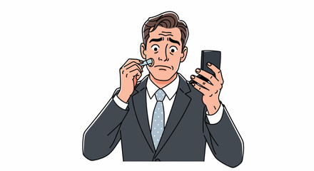 Businessman examines his face in a mirror while holding a smartphone.