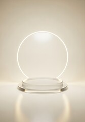 Modern 3D rendering of a transparent glass podium with a glowing circular light ring for product presentation