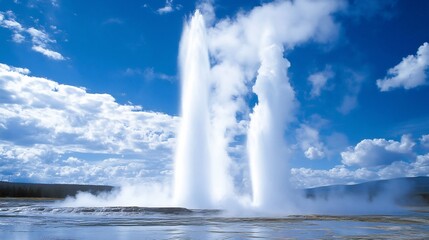 Towering geysers shooting steam into blue sky across a geothermal field no human no labelling no logo