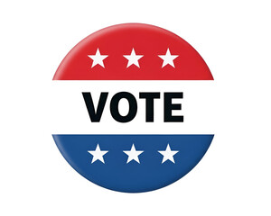 Illustration of red white and blue vote button with stars symbolizing democratic participation and elections isolated on transparent background