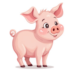 Naklejka premium A cheerful cartoon pig with a curly tail, smiling and standing on its feet.