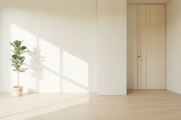 Obraz premium Minimalist room with fiddle leaf fig and wood door