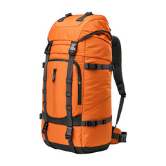 Fototapeta premium Bright orange hiking backpack with multiple straps and buckles isolated on transparent background