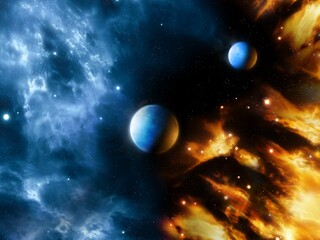Obraz premium Planets in the interstellar nebula. Colorful stardust in the universe. Extrasolar worlds and cosmic clouds with stars.