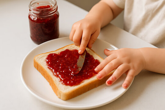 Child's Hands Spreading Raspberry Jam on Bread for a Snack , hands spreading jam on bread - Powered by Adobe