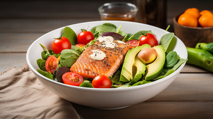 Assiette avec saumon, oeuf, avocat, tomate et salade. Repas sain, diététique et équilibré. Protéine, légume, poisson, fruit. Restauration, nourriture, alimentation. 