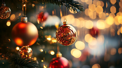 Christmas ornaments and baubles hanging from a tree, reflecting twinkling lights 
