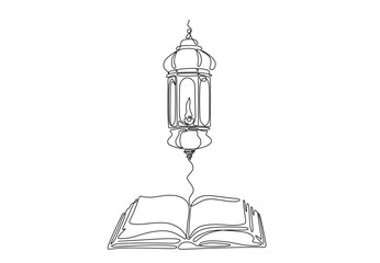 Single continuous line drawing of Islamic ornament quran kitab and lantern lamp. Muslim festival one line draw vector illustration. Hand drawn one line vector. Editable stroke	