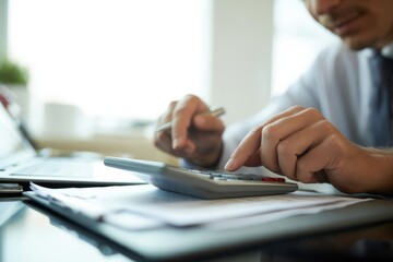 Fototapeta premium Person calculating with calculator and pen hands