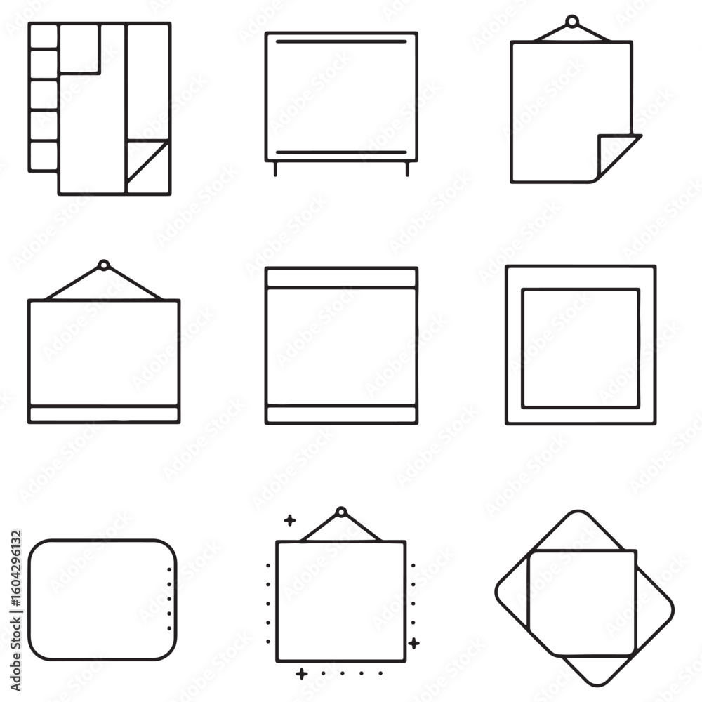 Poster collection of minimalist frame and display icons in simple linear style on white background
