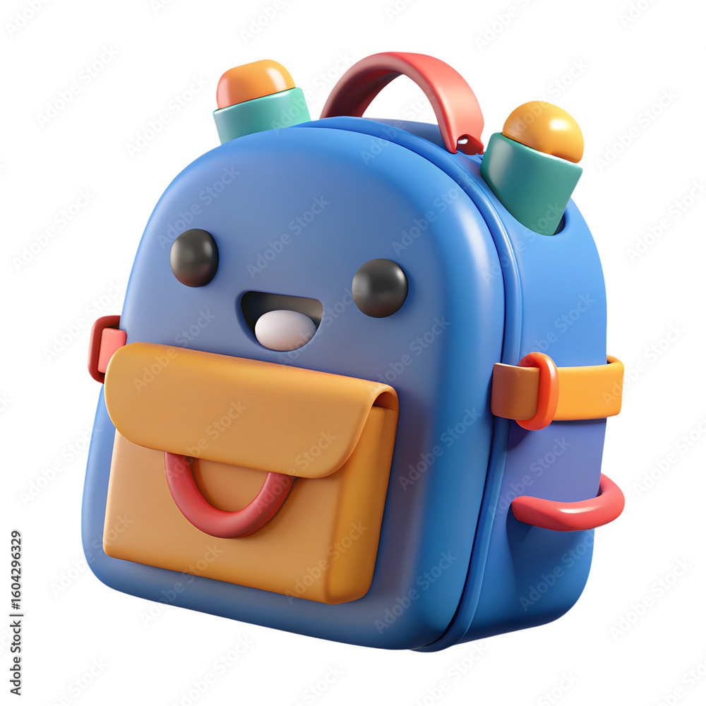 Fototapete a charming blue backpack with a smiling face in a 3d rendering isolated on transparent background