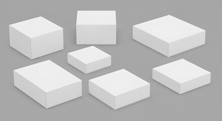 Naklejka premium White cardboard boxes. Blank medicine package in different sizes. Medical product square box 3d vector isolated mockups