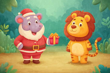 Festive gift exchange between santa hippo and lion character in enchanted forest cartoon artwork whimsical atmosphere vibrant colors