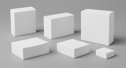 White cardboard boxes. Blank medicine package in different sizes. Medical product square box 3d vector isolated mockups