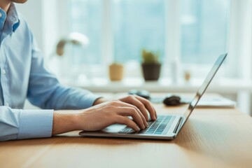 Person typing on laptop computer hands