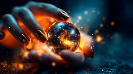 mystical hand holding pearl galaxy orb with magical swirling detail