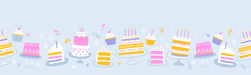Fun hand drawn party seamless background with fun and colorful cakes. Great for birthday parties, textiles, banners, wallpapers, wrapping - vector design