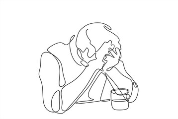 Man with glass and bottle of wine one line continuous line art drawing vector illustration isolated on white background. Character young male drunk at the table on a bar. Editable stroke.Hand drawn	