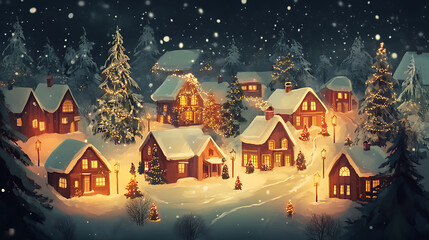 Fototapeta premium Illustration of a cozy Christmas village, each house glowing with holiday spirit (2)