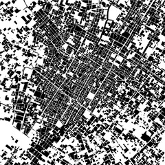 Aerial view of a city map with dense streets and buildings in black and white illustration style design