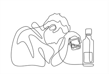 Man with glass and bottle of wine one line continuous line art drawing vector illustration isolated on white background. Character young male drunk at the table on a bar. Editable stroke.Hand drawn	