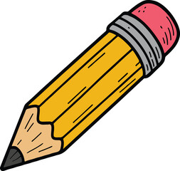 Single Yellow Pencil Cartoon Illustration – Isolated Stationery Object on White Background