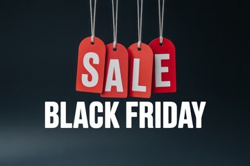 Red sale tags and black friday text shopping discount