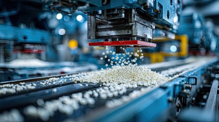 Injection molding plastic pellets process, industrial manufacturing scene, modern production line, factory tech detail