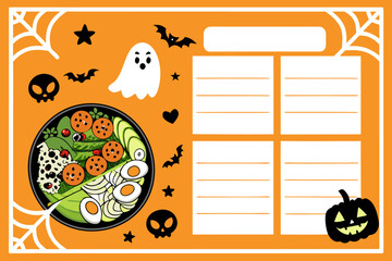 Spooky halloween themed weekly schedule planner with a fun food bowl and cute ghost decorations for kids and families