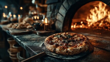 Freshly baked pizza showcases rustic flavors in an ancient stone oven, surrounded by a warm, inviting atmosphere in a traditional kitchen