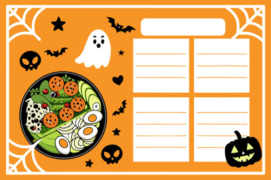 Spooky halloween themed weekly schedule planner with a fun food bowl and cute ghost decorations for kids and families - Powered by Adobe