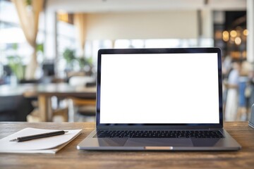Silver laptop with blank screen and notebook desk wooden table
