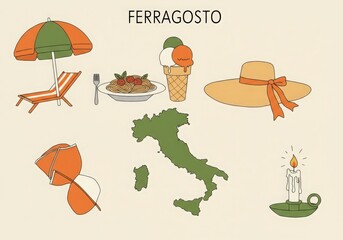 Italian ferragosto holiday celebration with iconic symbols