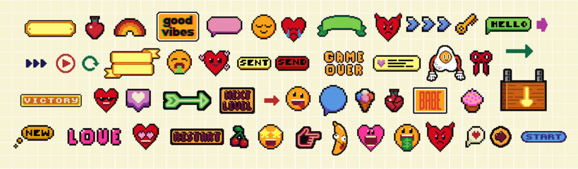 Pixels Y2k funny playful emoticon stickers. Love, kiss, melting smile. 8-bit retro style vector illustration for social media. Set of emoticons pixel art. Emoji pixelated icons. Various faces