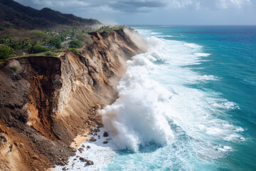 Dramatic waves crash against a towering coastal cliff under a cloudy sky.