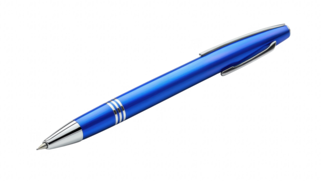 Elegant blue pen with silver accents displayed on a white background for office or personal use on transparent background