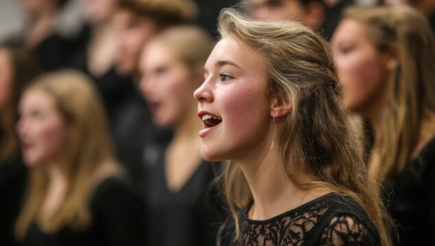 A young woman sings with passion and emotion in a choir performance her voice blending with the other members creating a beautiful harmony.