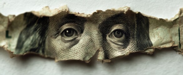 The close-up view of a torn dollar bill revealing Benjamin Franklin's eyes.