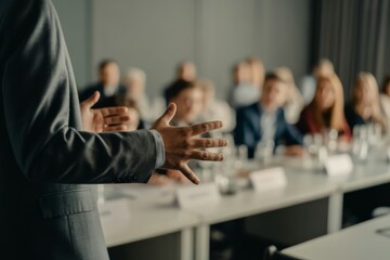 Speaker gesturing during business meeting presentation