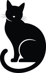 Elegant Sitting Cat Illustration in Black and White Silhouette Style