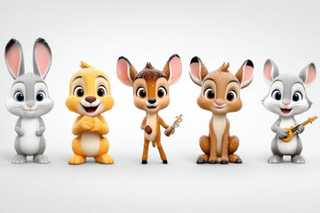 Naklejka premium Charming animal characters in playful pose creative studio cartoon illustration friendly environment close-up view whimsical concept for engaging visual content