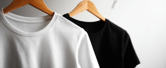 The minimalist display of classic black and white t-shirts on hangers.