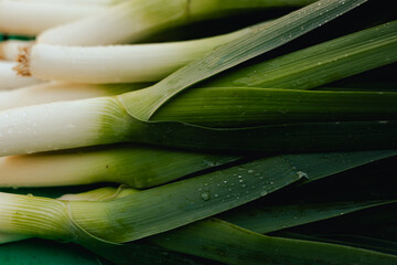 Fototapeta premium Fresh greens at small local urban market. Organic produce on sale at outdoor farmer market. Selling fresh crops and veggies harvest. European urban setting. Close up. Part of the series.
