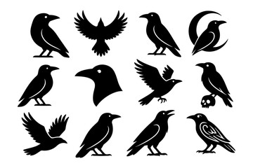 Silhouette crows set: iconic bird designs and mysterious shapes