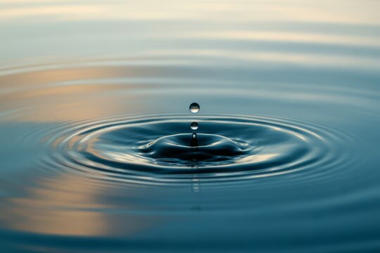 Water drop creating ripples on blue surface splash