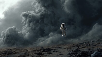 Astronaut floats amidst a dark, stormy sky over a desolate landscape