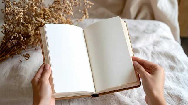 Person flips blank notebook pages on a textured surface near dried flowers